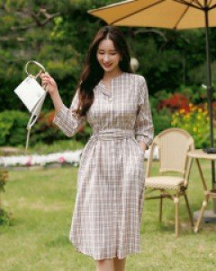 [루이스엔젤] 구엘 글렌체크 셔링 벨트SET 핀턱 7부 원피스