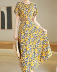 [루이스엔젤] 써니플라워 튤립 소매 리본SET 플레어 원피스