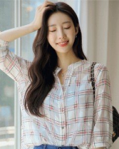 [루이스엔젤] 도프 오픈 차이나넥 리프 쟈가드 7부 체크 블라우스