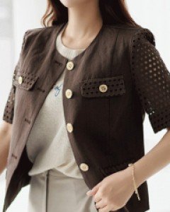 베네디 아일렛 레이스 배색 린넨 100 노카라 자켓