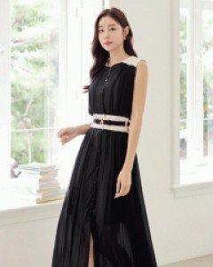 디나잇 벨트SET 쉬폰 레이어드 플리츠 롱 원피스