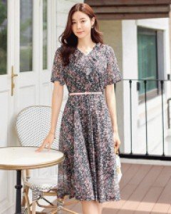 블링 핑크플로럴 러블리 벨트SET 쉬폰 플레어 원피스