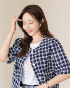 베이델 진주 쥬얼리버튼 퍼프 트위드 반팔 자켓