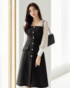 볼디크 시스루 쉬폰 퍼프소매 트위드 플레어 원피스