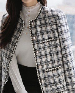 [루이스엔젤] 브레이드 라인 배색 트위드 노카라 자켓