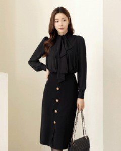 블로셋 리본 금장버튼 포인트 미디 배색 원피스