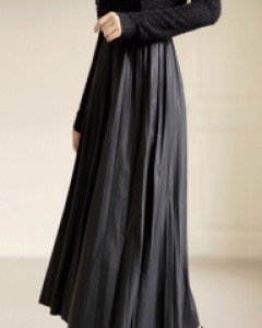 시크무 밴딩 레더 플리츠 롱 스커트