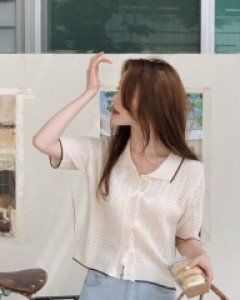 멜리 배색 카라 스카시 반팔 니트 가디건 - 4color