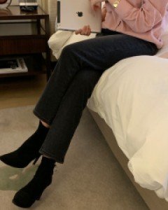 알래스카 하이웨스트 이중 본딩기모 일자데님팬츠 (S,M,L,XL)(허리밴딩)(사방스판)