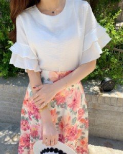 나빌 라운드 모달면 반팔 프릴 블라우스(5color)(루즈핏)