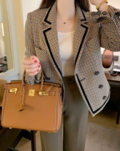 카렌 체크 밸벳 라이닝 더블버튼 자켓(S,M,L)