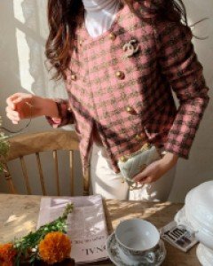 모크 스퀘어넥 울 골드더블버튼 체크자켓(S,M)