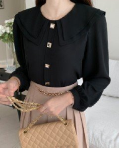 마쥬 이중카라 사각보석단추 블라우스(3COLOR)