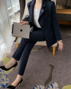 톰스톰 스트라이프 원버튼 롱일자핏 슬랙스 투피스(S,M,L)(사방스판)(도톰한소재)