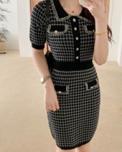 럭셔리무드 트위드카라 사각체크 슬림원피스