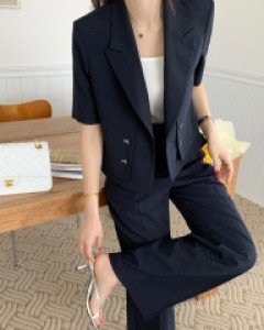 티에르 반팔 크롭자켓 와이드 슬랙스 투피스 (S,M)