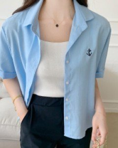 하츠 마린자수 반팔 셔츠