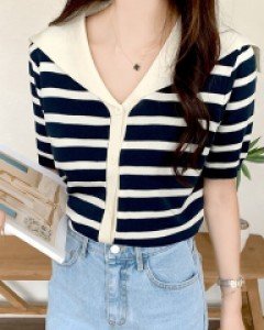 뉴 모아 세라 스트라이프 반팔 니트티