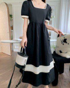 드넬 배색 스퀘어넥 롱 원피스