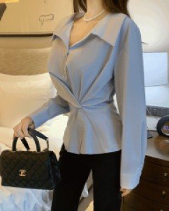 베리노 오픈카라 스판 랩 블라우스 (S/M)-사방스판