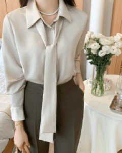 우아한 실키라이크 카라 롱 타이 블라우스 (3colors)