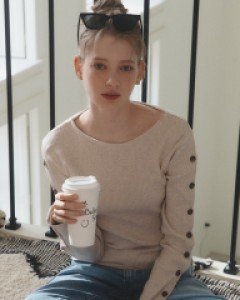 Boat Neck Button Top ( Beige )