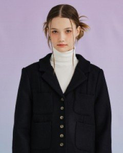 Herringbone Button Up Quilting Wool Jacket ( Black )