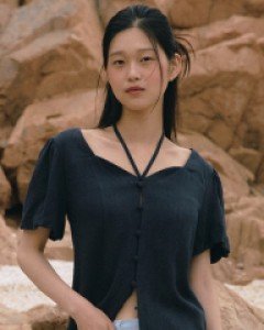 Linen Heart-neck Ribbon Blouse ( Navy )