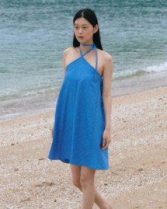 Cooling Halter Neck Ribbon Dress ( Blue )