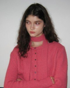 Hairy Boat-neck Crop Wool Cardigan ( Coral Pink )