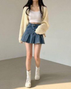 무지 투버튼 코튼 연청 숏 스커트 - ㅤㅤ