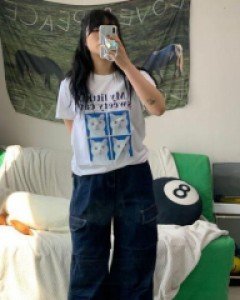 프린팅 라운드넥 코튼 베이직 미들 상의 - ㅤㅤ