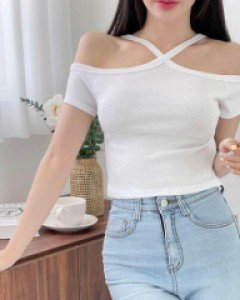 무지 브이넥 코튼 베이직 크롭 끈나시 - ㅤㅤ