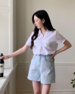 무지 브이넥 폴리 베이직 슬림 블라우스 - ㅤㅤ