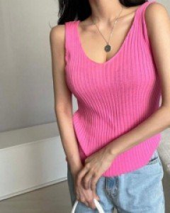 무지 라운드넥 골지 비비드 미들 민소매, 나시 - ㅤㅤ