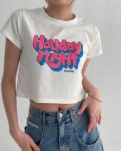 레터링 라운드넥 코튼 베이직 미니 티셔츠, 티 - ㅤㅤ