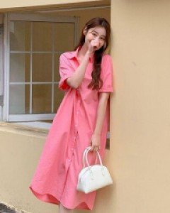 무지 카라 코튼 컬러풀 롱 드레스 - ㅤㅤ