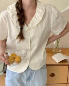 무지 카라 코튼 파스텔 미디 블라우스 - ㅤㅤ