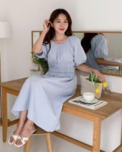 무지 퍼프 코튼 컬러풀 롱 드레스 - ㅤㅤ