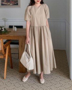 무지 퍼프 코튼 베이직 롱 드레스 - ㅤㅤ