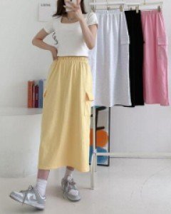 무지 카고 코튼 컬러풀 롱 롱스커트 - ㅤㅤ