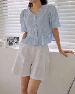 무지 프릴 코튼 베이직 세미크롭 블라우스 - ㅤㅤ