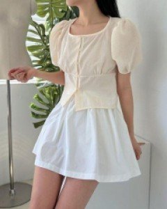 무지 퍼프 폴리 베이직 크롭 블라우스 - ㅤㅤ