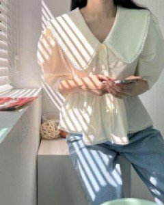 무지 주름 레이스 베이직 세미크롭 블라우스 - ㅤㅤ
