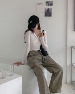 무지 밴딩 나일론 베이직 롱 카고 팬츠 - ㅤㅤ