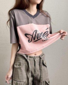 [캐주얼룩/3color] 스포티 캐주얼 힙무드 루즈핏 브이넥 배색 크롭 레터링 프린팅 반팔 오버핏 티셔츠 - ㅤㅤ