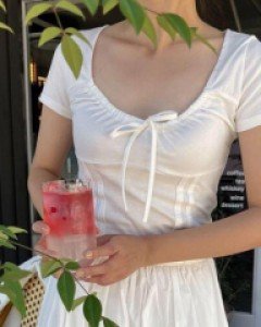 44사이즈 33사이즈 가슴리본 셔링 U넥 라운드넥 슬림핏 반팔티 - ㅤㅤ