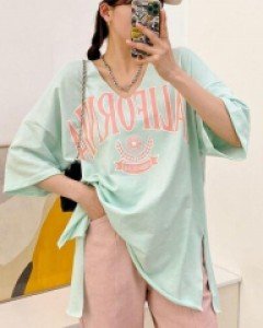 레터링 브이넥 코튼 파스텔 맥시 티셔츠, 티 - ㅤㅤ