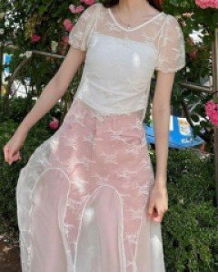 레이어드 반팔 시스루 롱 원피스 - ㅤㅤ