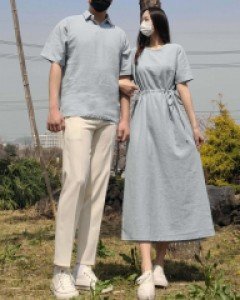 [린넨100%/국내제작/커플룩 강추!] 빅사이즈 봄 여름 린넨 마 반팔 카라 셔츠 남방 린넨 끈 반팔 롱원피스 바캉스 여행룩 웨딩촬영 커플룩 하객룩 커플 시밀러룩